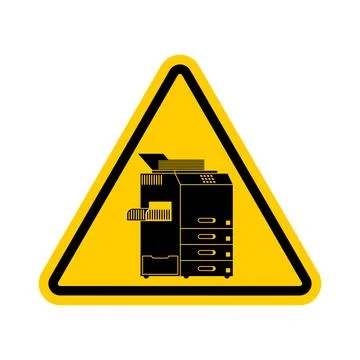 Attention Copier. Yellow triangular road sign. Caution copier office machine Illustrazione stock