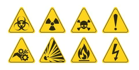 Attention dangerous yellow elements set. Warning signs. Pictograms for web pa Stock Illustration