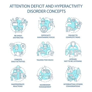 Attention deficit and hyperactivity disorder concept icons set Stock Illustration