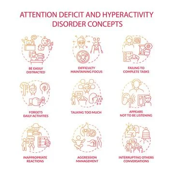 Attention deficit and hyperactivity disorder concept icons set Stock Illustration