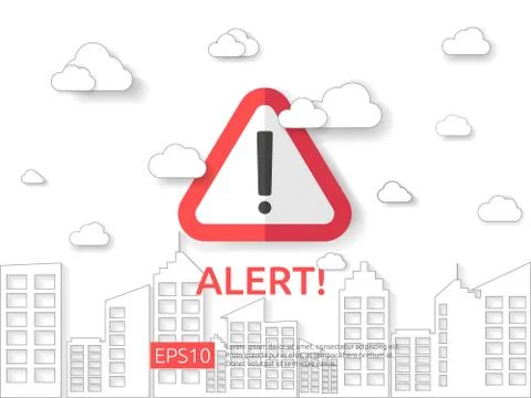 Attention exclamation warning alert mark symbol sign with cloud and building  Stock Illustration
