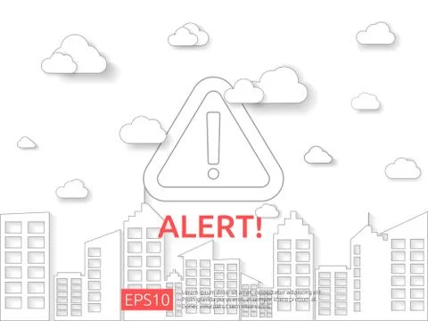 Attention exclamation warning alert mark symbol sign with cloud and building  Stock Illustration