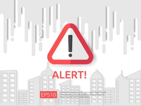 Attention exclamation warning alert mark symbol sign with cloud and building  Stock Illustration