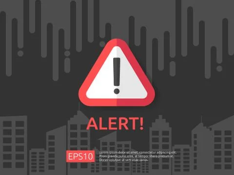 Attention exclamation warning alert mark symbol sign with cloud and building  Stock Illustration