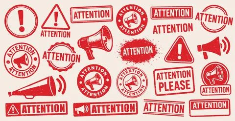 Attention Megaphone grunge stamp vector set. Attention Megaphone vintage Stock Illustration