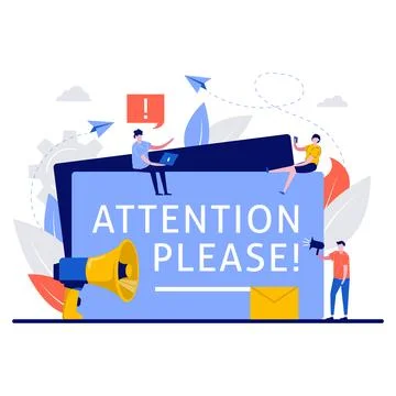 Attention please concept with tiny character. People holding and speaking t.. Stock Illustration