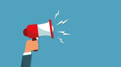 Attention please. Hand hold megaphone. Speaker, loudspeaker. Advertising and Stock Illustration