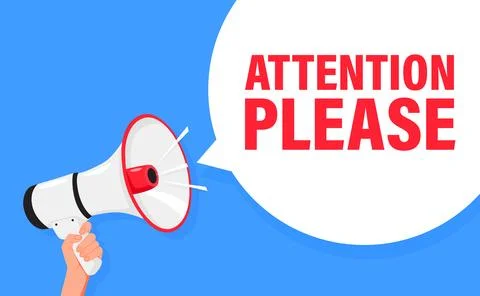 Attention please. Hand hold megaphone speaker for announce. Attention please Stock Illustration