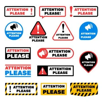 Attention please message vector signs. Alert important information labels Illustrazione stock