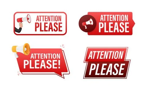 Attention please text with Megaphone label set. Megaphone in hand promotion Stock Illustration