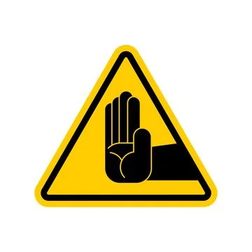 Attention refusal. Yellow triangular road sign. Caution Hand stop Illustrazione stock