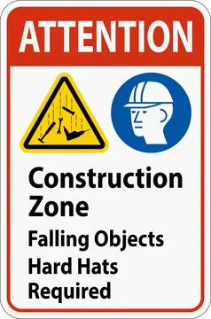 Attention Sign, Construction Zone, Falling Objects Hard Hats Required Stock Illustration