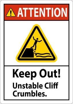 Attention Sign, Keep Out Unstable Cliff Crumbles Ilustração Stock