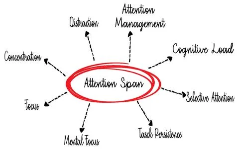 Attention Span is the amount of time spent concentrating on a task before becomi Stock Photos