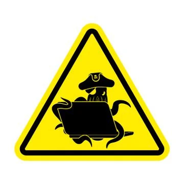 Attention Web pirate Octopus and laptop. Caution sign poulpe internet hacker  Illustrazione stock