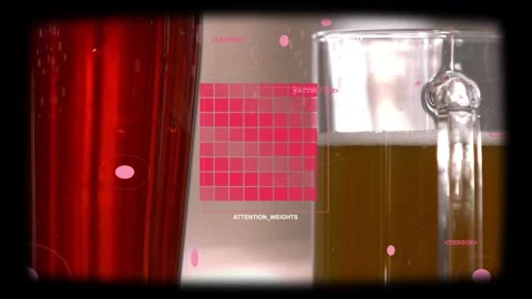 ATTENTION_WEIGHTS grid appearing, two vessels on counter receiving HUD analysis Stock Footage 331025003