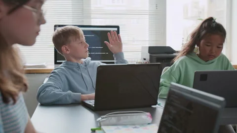 Attentive Boy Raising his Hand to Answer Question of Teacher During IT class Stock Footage 317639231