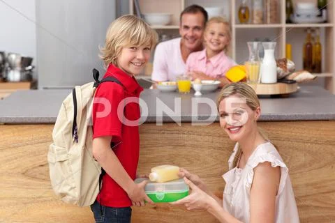 Attentive mother packing the school lunch to his son Stock Photos