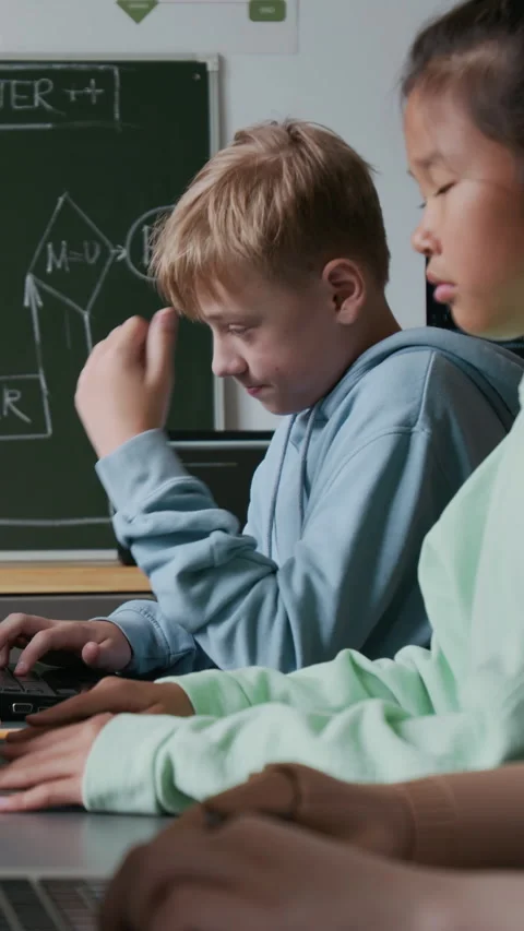 Attentive Students Doing their Programming Assignment on Laptops in School Stock Footage 317638173