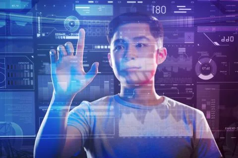 Attentive web developer looking at the screen while working Foto stock