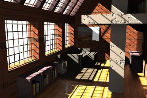 Attic with big windows under sun light Stock Photos