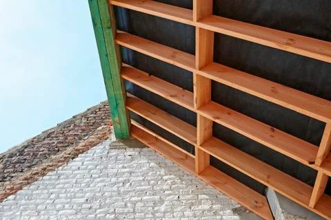 Attic ceiling frame and new wooden frame installed Stock Photos