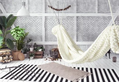 Attic interior design idea with hammock, scandinavian boho style Stock Illustration