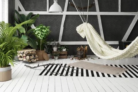 Attic interior design idea with hammock, scandinavian boho style Stock Illustration