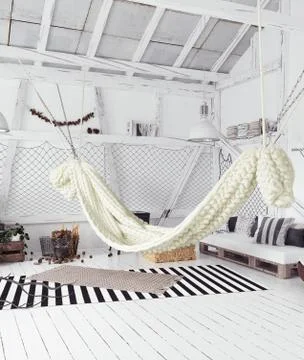 Attic interior design idea with hammock, scandinavian boho style Stock Illustration