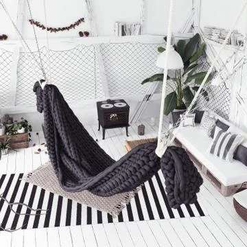 Attic interior design idea with hammock, scandinavian boho style Stock Illustration
