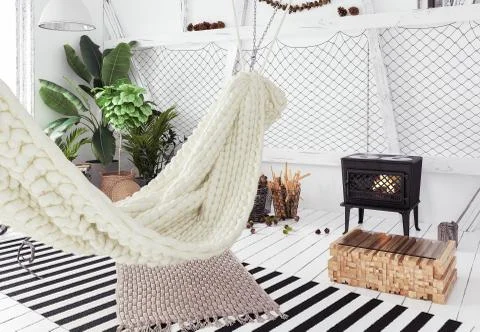 Attic interior design idea with hammock, scandinavian boho style Stock Illustration