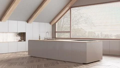 Attic interior design, minimal bleached wooden kitchen with island and slop.. Stock Illustration