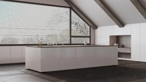 Attic interior design, minimal dark wooden kitchen with sloping ceiling and.. Stock Illustration