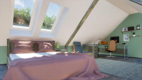 Attic interior with double bed and home office 3D illustration Stock Illustration