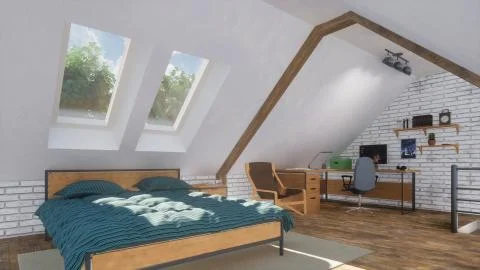 Attic interior with double bed and home studio 3D Stock Illustration