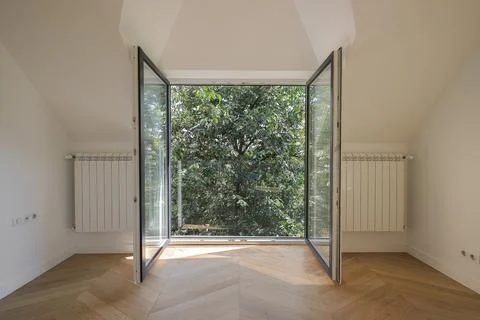 Attic room interior open window Stock Photos
