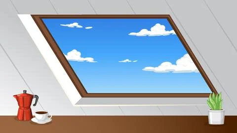 Attic Skylight Window with Blue Sky View and Coffee Pot 스톡 일러스트