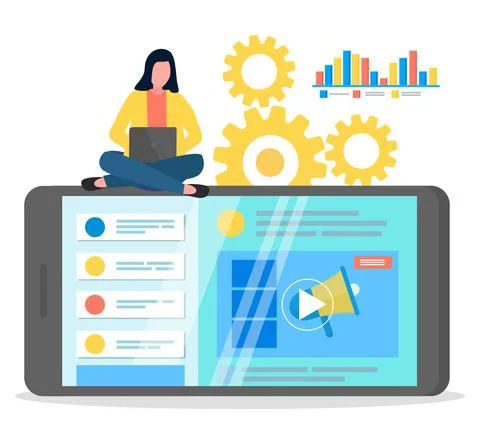 Attract customers, developer with laptop, analysing consumer demands, feedback イラスト素材