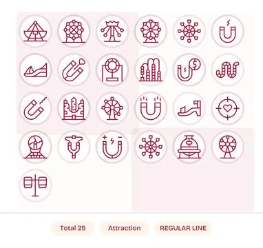 Attraction Design Vector Icons featuring 25 Pixel Aligned Regular Line Style Stock Illustration