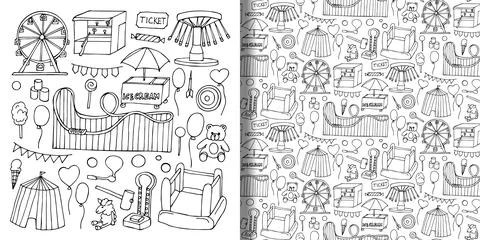 Attraction doodle objects set and seamless pattern Stock Illustration