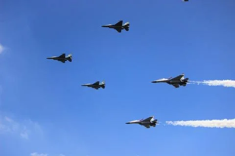 Attraction of flying jet planes in the sky during the celebration of the In.. Stock Photos