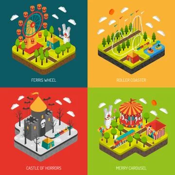Attraction Park 4 Isometric Icons Square Illustration