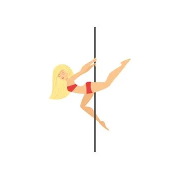 Attractive blond in red bikini making trick around pole Stock Illustration