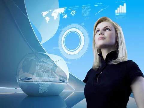 Attractive blonde with interface in future interior Stock Illustration
