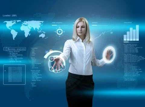 Attractive blonde navigating futuristic interface Illustrazione stock