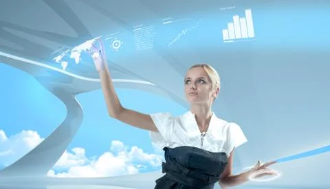 Attractive blonde touching the world map virtual future interface Stock Illustration
