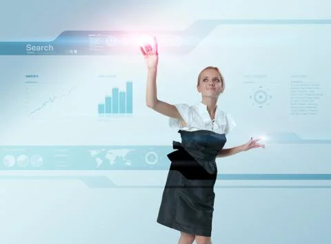 Attractive blonde touching the world map virtual future interface. イラスト素材