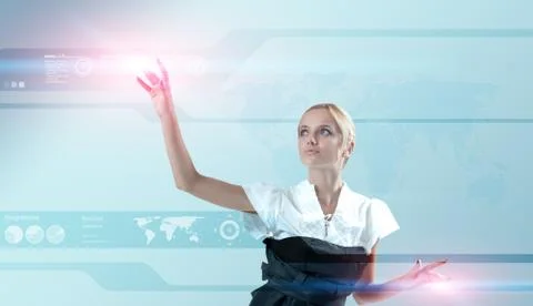 Attractive blonde touching the world map virtual future interface. Stock Illustration