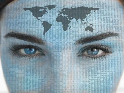 Attractive blue eyed woman with binary coding and map on face Stock Photos