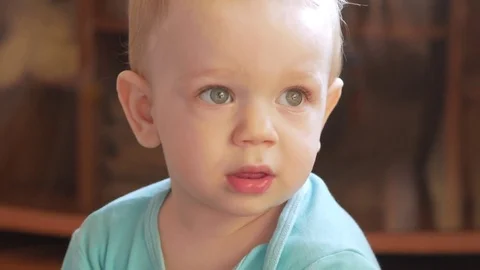 Attractive boy 2 years of playing at home with a plastic duck. The kid talks to Stock Footage 74713033